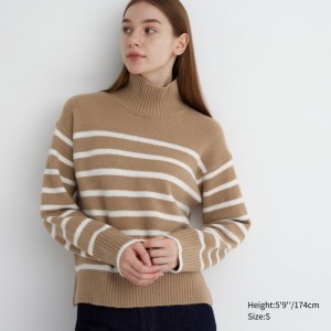 Sveter Uniqlo Souffle Yarn Pruhované High Neck Long-Sleeve Damske Béžové Slovensko | G772931