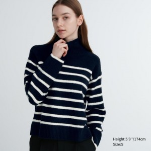 Sveter Uniqlo Souffle Yarn Pruhované High Neck Long-Sleeve Damske Námornícka Modrá Slovensko | U339937