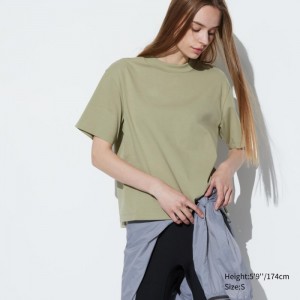 Tricko Uniqlo AIRism Bavlnene Kratke Sleeve Damske Zelene Slovensko | N223920