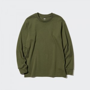 Tricko Uniqlo Brushed Bavlnene Crew Neck Long-Sleeve Panske Olivovo Zelená Slovensko | G396652