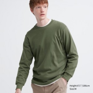 Tricko Uniqlo Brushed Bavlnene Crew Neck Long-Sleeve Panske Olivovo Zelená Slovensko | B198194