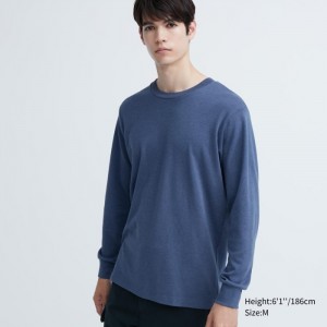 Tricko Uniqlo Brushed Bavlnene Crew Neck Long-Sleeve Panske Modre Slovensko | F345326
