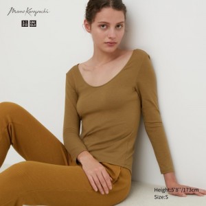 Tricko Uniqlo HEATTECH Ballet Neck Long-Sleeve (Silk Blend) Damske Hnede Slovensko | F483681