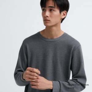 Tricko Uniqlo HEATTECH Bavlnene Waffle Crew Neck Long-Sleeve (Heather) (Extra Warm) Panske Tmavo Siva Slovensko | W804645