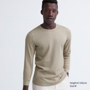 Tricko Uniqlo HEATTECH Bavlnene Waffle Crew Neck Long-Sleeve (Extra Warm) Panske Béžové Slovensko | J855767
