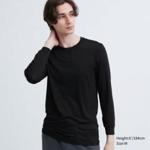 Tricko Uniqlo HEATTECH Crew Neck Long-Sleeve (2022 Edition) Panske Čierne Slovensko | V828822