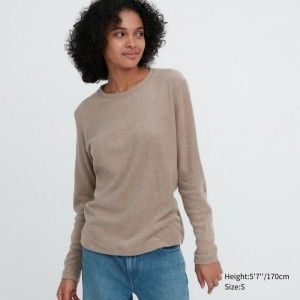 Tricko Uniqlo HEATTECH Fleece Crew Neck Long-Sleeve Damske Béžové Slovensko | Y734513