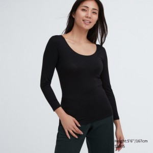 Tricko Uniqlo HEATTECH Scoop Neck Long-Sleeve Damske Čierne Slovensko | P943385