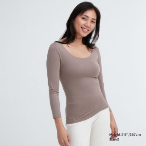 Tricko Uniqlo HEATTECH Scoop Neck Long-Sleeve Damske Béžové Slovensko | T539267
