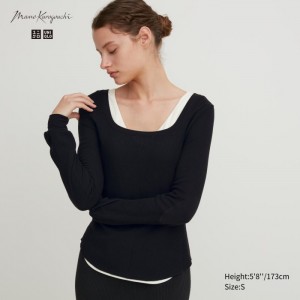 Tricko Uniqlo HEATTECH Waffle Square Neck Long-Sleeve (Vlna Blend) (Extra Warm) Damske Čierne Slovensko | Z176083