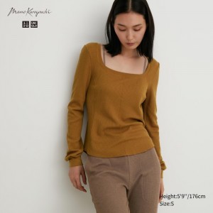 Tricko Uniqlo HEATTECH Waffle Square Neck Long-Sleeve (Vlna Blend) (Extra Warm) Damske Hnede Slovensko | E939888