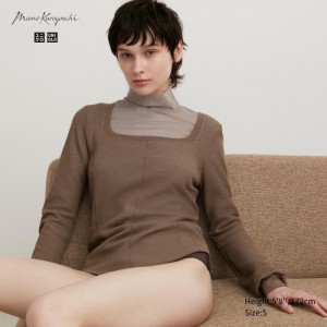 Tricko Uniqlo HEATTECH Waffle Square Neck Long-Sleeve (Vlna Blend) (Extra Warm) Damske Hnede Slovensko | E405103