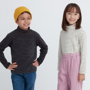 Tricko Uniqlo Rebrovaný Fleece Pruhované High Neck Long-Sleeve Detske Námornícka Modrá Slovensko | B629240