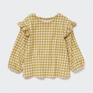Tricko Uniqlo Rebrovaný Frill Crew Neck Long-Sleeve (Check) Pre Babatka Žlté Slovensko | B228956