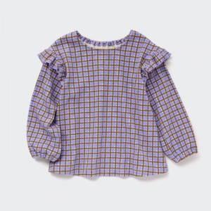 Tricko Uniqlo Rebrovaný Frill Crew Neck Long-Sleeve (Check) Pre Babatka Nachový Slovensko | V316547