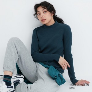 Tricko Uniqlo Rebrovaný High Neck Long-Sleeve Damske Tmavo Zelene Slovensko | W734809