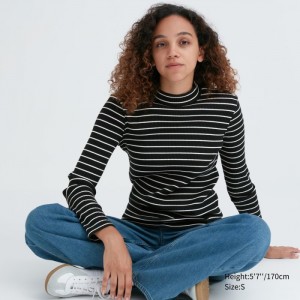 Tricko Uniqlo Rebrovaný Pruhované High Neck Long-Sleeve Damske Čierne Slovensko | N380013