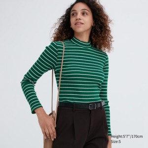 Tricko Uniqlo Rebrovaný Pruhované High Neck Long-Sleeve Damske Zelene Slovensko | W772012