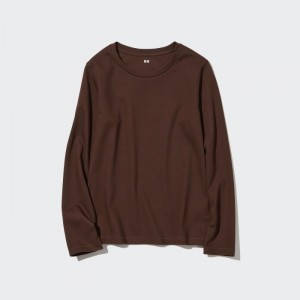 Tricko Uniqlo Smooth Stretch Bavlnene Crew Neck Long-Sleeve Damske Hnede Slovensko | Y799837