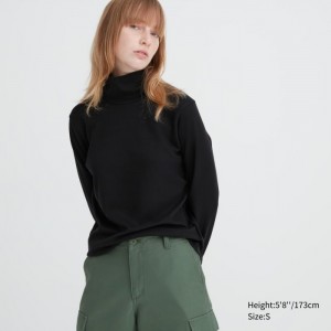 Tricko Uniqlo Smooth Stretch Bavlnene Turtleneck Long-Sleeve Damske Čierne Slovensko | J307552