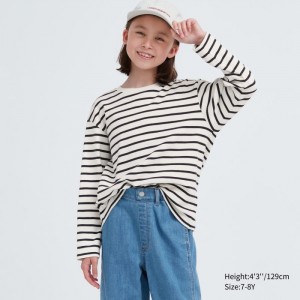 Tricko Uniqlo Soft Brushed Pruhované Crew Neck Long-Sleeve Detske Biele Slovensko | N675560