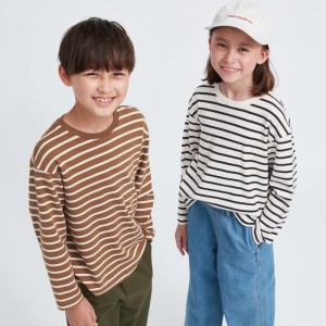Tricko Uniqlo Soft Brushed Pruhované Crew Neck Long-Sleeve Detske Hnede Slovensko | N975824