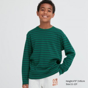Tricko Uniqlo Soft Brushed Pruhované Crew Neck Long-Sleeve Detske Zelene Slovensko | Z960909
