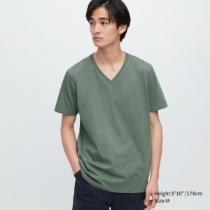 Tricko Uniqlo Supima® Bavlnene V-Neck Kratke-Sleeve Panske Zelene Slovensko | D434009