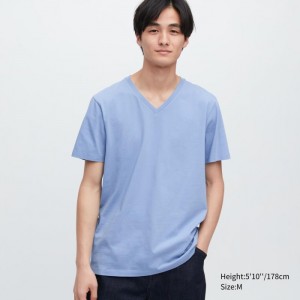 Tricko Uniqlo Supima® Bavlnene V-Neck Kratke-Sleeve Panske Modre Slovensko | E963851
