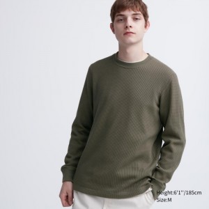 Tricko Uniqlo Waffle Crew Neck Long-Sleeve Panske Tmavo Zelene Slovensko | A389631