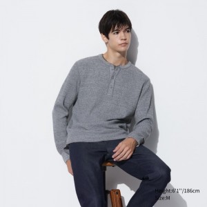 Tricko Uniqlo Waffle Henley Neck Long-Sleeve (2022 Edition) Panske Siva Slovensko | S380045