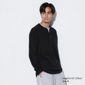 Tricko Uniqlo Waffle Henley Neck Long-Sleeve (2022 Edition) Panske Čierne Slovensko | E051762