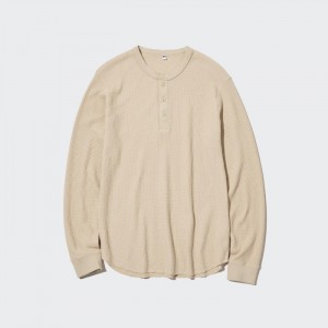 Tricko Uniqlo Waffle Henley Neck Long-Sleeve (2022 Edition) Panske Natural Slovensko | T595409
