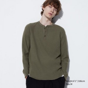 Tricko Uniqlo Waffle Henley Neck Long-Sleeve (2022 Edition) Panske Tmavo Zelene Slovensko | Q570570