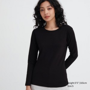 Spodné Tričká Uniqlo HEATTECH Bavlnene Crew Neck Long-Sleeve T-Shirt (Extra Warm) Damske Čierne Slovensko | Y488219