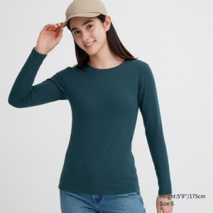 Spodné Tričká Uniqlo HEATTECH Bavlnene Crew Neck Long-Sleeve T-Shirt (Extra Warm) Damske Tmavo Zelene Slovensko | F156297