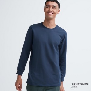 Spodné Tričká Uniqlo HEATTECH Bavlnene Crew Neck Long-Sleeve T-Shirt (Extra Warm) Panske Modre Slovensko | Y190633