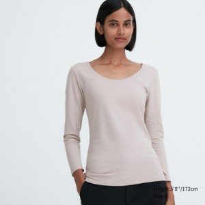 Spodné Tričká Uniqlo HEATTECH Bavlnene Scoop Neck Long-Sleeve T-Shirt (Extra Warm) Damske Svetlo Siva Slovensko | D266886