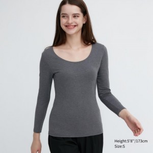 Spodné Tričká Uniqlo HEATTECH Bavlnene Scoop Neck Long-Sleeve T-Shirt (Extra Warm) Damske Tmavo Siva Slovensko | W181987