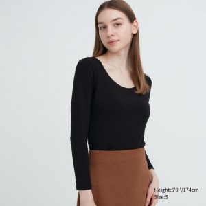 Spodné Tričká Uniqlo HEATTECH Bavlnene Scoop Neck Long-Sleeve T-Shirt (Extra Warm) Damske Čierne Slovensko | Q089338