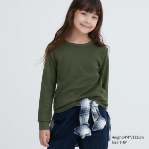 Spodné Tričká Uniqlo HEATTECH Bavlnene Waffle T-Shirt (Extra Warm) Detske Olivovo Zelená Slovensko | H444540