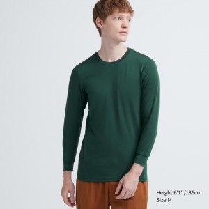 Spodné Tričká Uniqlo HEATTECH Crew Neck Long-Sleeve T-Shirt Panske Tmavo Zelene Slovensko | K415727