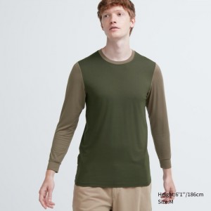Spodné Tričká Uniqlo HEATTECH Crew Neck Long-Sleeve T-Shirt (Color Block) Panske Tmavo Zelene Slovensko | Y638463