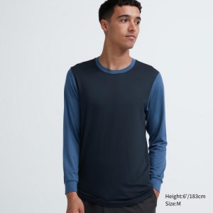 Spodné Tričká Uniqlo HEATTECH Crew Neck Long-Sleeve T-Shirt (Color Block) Panske Námornícka Modrá Slovensko | N931607