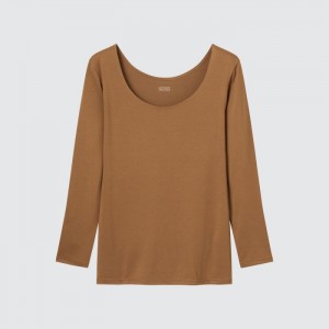 Spodné Tričká Uniqlo HEATTECH Scoop Neck Long-Sleeve T-Shirt (2022 Edition) Damske Hnede Slovensko | T012781